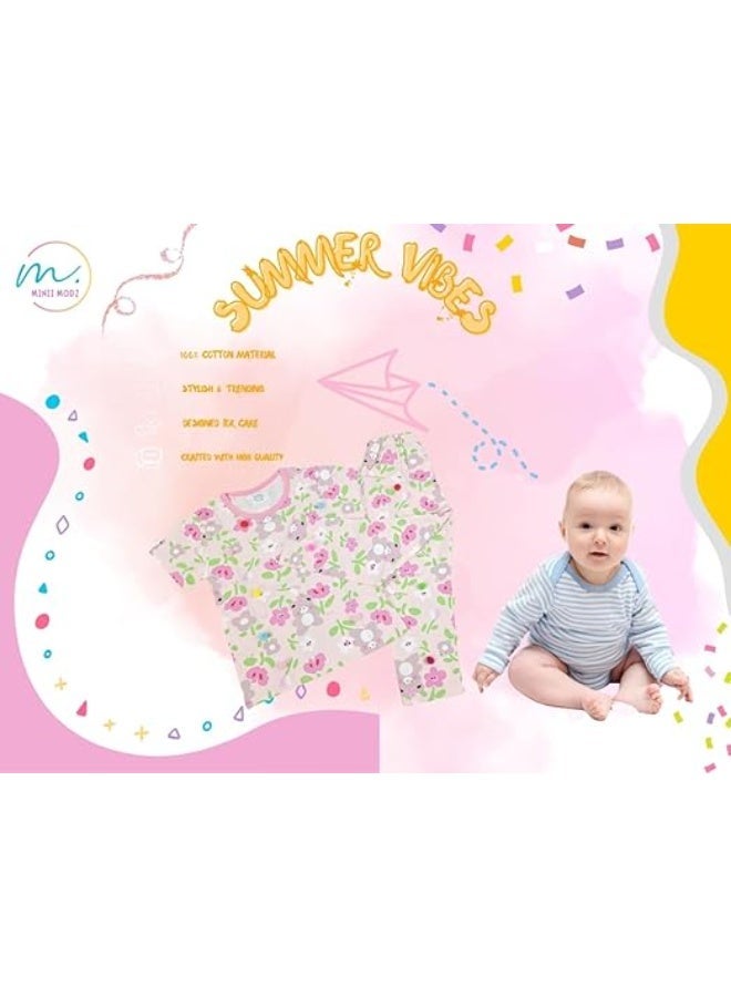 MINIIMODZ MINII MODZ Pink Flower Teddy Print Shirt & Pant Set for Girls – Soft Cotton Dress Sleepwear | Suitable for Kids, Toddlers, and Infants - Image 3
